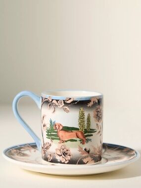 Anthropologie Dachshund Portobello Stoneware Espresso Cup and Saucer